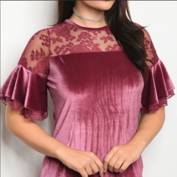 Dark Mauve Pink Velvet Lace Detail Short Ruffle Sleeve Plus Dress NEW - Picture 3 of 12